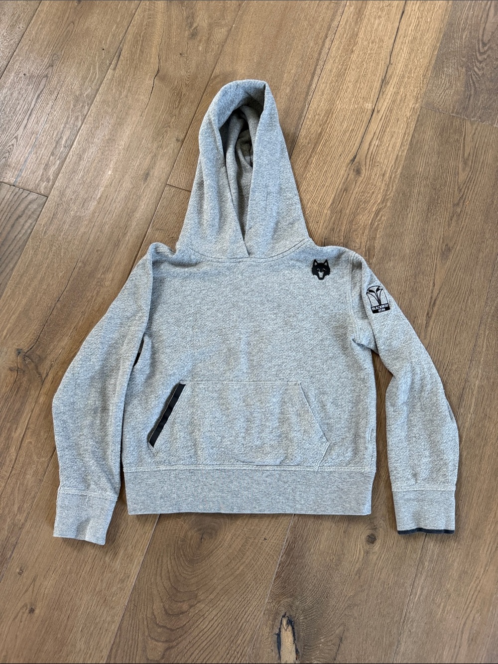 Kids Grey Hooded Pullover Sweatshirt with Greyson Wolf and Blackwolf Run Logos